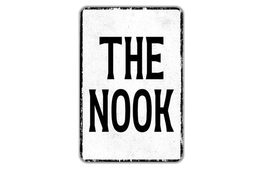 The Nook Sign – Cozy Corner Metal Sign for Reading Nooks, Bedrooms, or Coffee Corners, Vintage-Style Wall Decor, Book Lover Gift