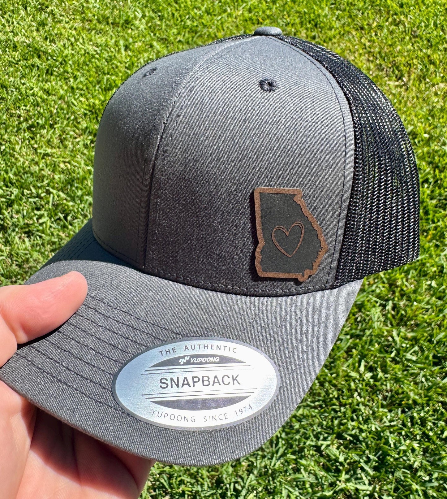 Georgia State Outline Hat with Heart – Snapback Trucker Hat, GA Pride Cap, Engraved Patch, Southern Gift, Home State Love Hat
