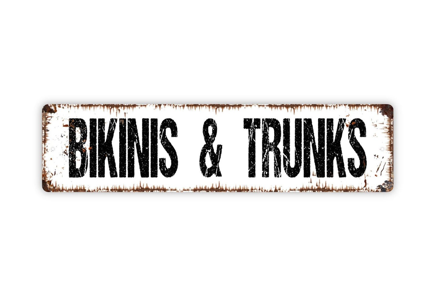 Bikinis and Trunks Sign -  Swimming Pool Shower Bathroom Beach Swimwear Rustic Street Metal Sign or Door Name Plate Plaque