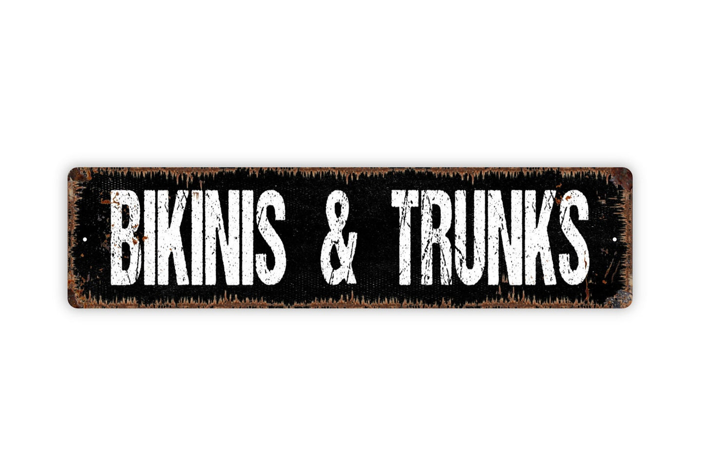 Bikinis and Trunks Sign -  Swimming Pool Shower Bathroom Beach Swimwear Rustic Street Metal Sign or Door Name Plate Plaque