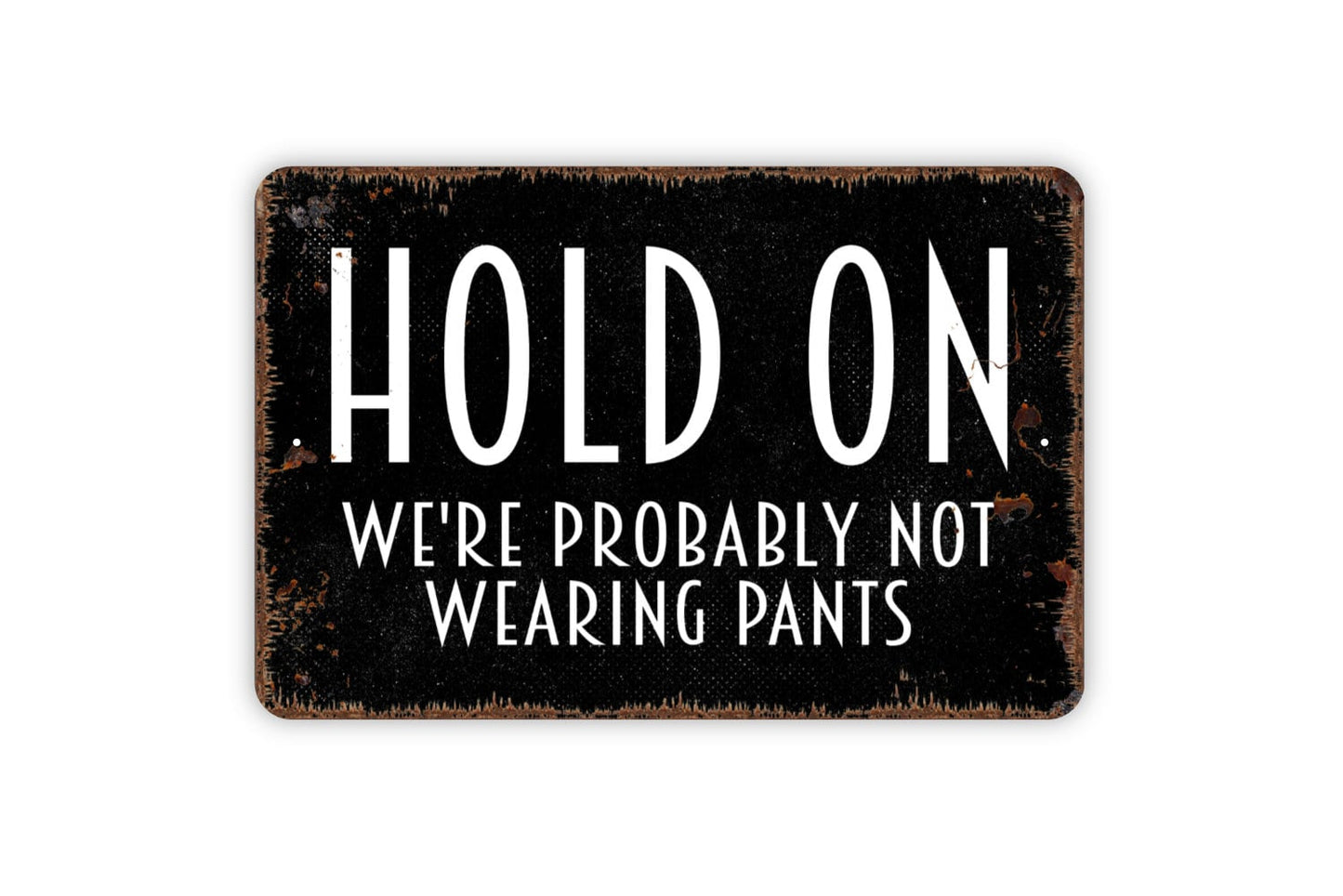 Hold On We're Probably Not Wearing Pants Sign - Funny Welcome To Our Home Metal Wall Art - Indoor or Outdoor