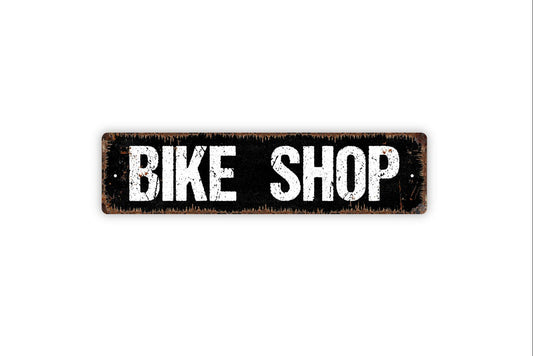 Bike Shop Sign - Bicyclist Bicycle Crossing Motorbike Motorcycle Garage Rustic Street Metal Sign or Door Name Plate Plaque