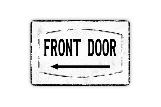 Front Door With Directional Arrow Sign - Entrance This Way Metal Sign Wall Art - Distressed Vintage Style