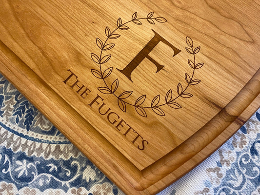 Monogram With Leaves Cutting Board | Last Name Charcuterie Board | Custom Serving Tray | Personalized Wedding Anniversary Gift