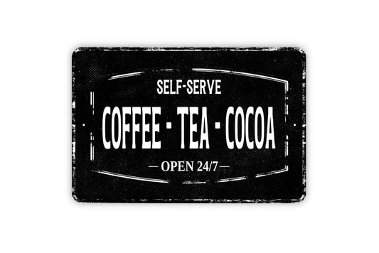Self-Serve Coffee Tea Cocoa Sign | Hot Drink Station Wall Decor | Kitchen Cafe Bar Wall Art | Vinyl Sticker or Metal Sign