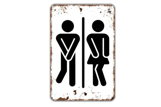 Funny Man Woman With Crossed Legs Sign - Gender Neutral Bathroom Metal Wall Art - Indoor or Outdoor