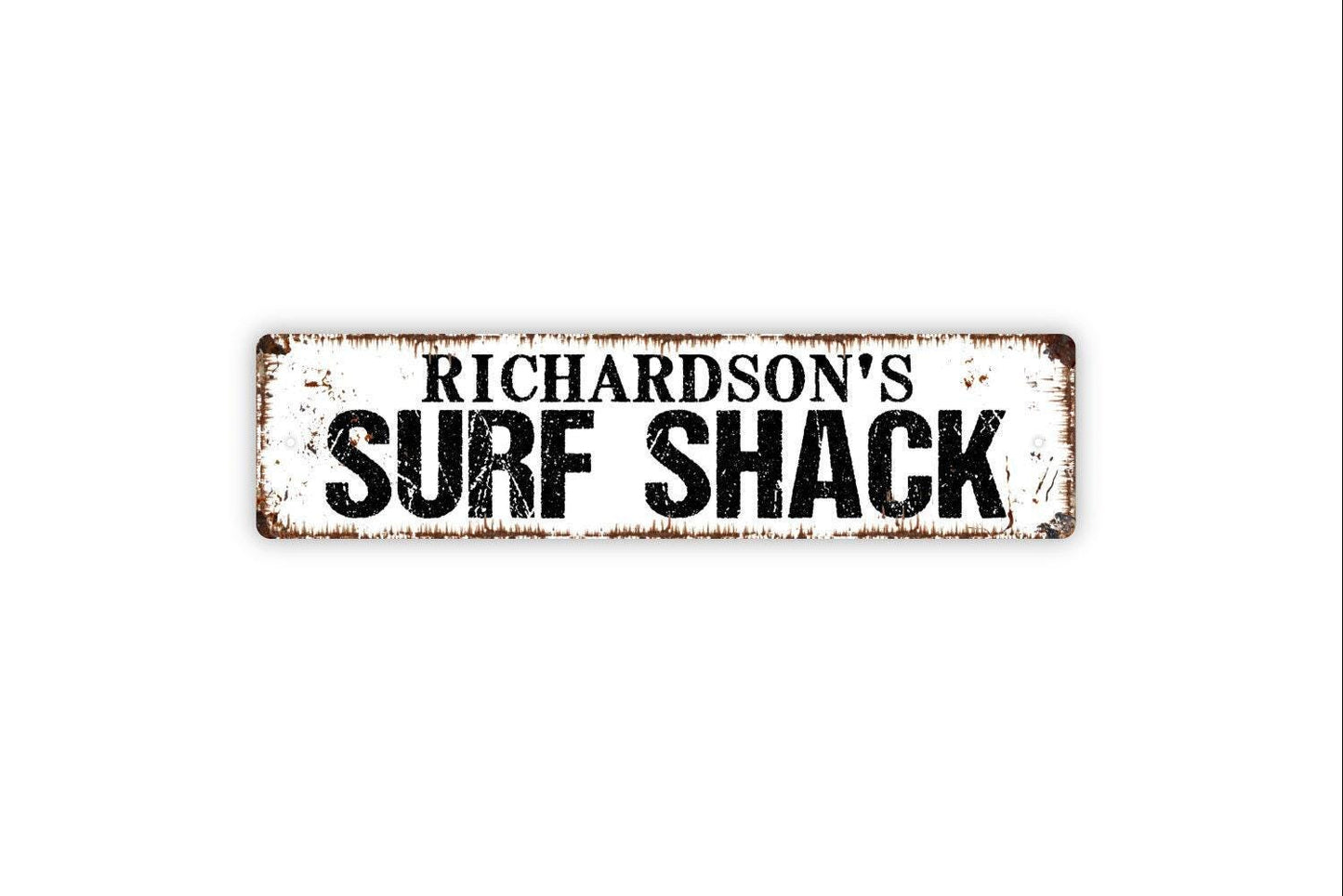 Personalized Surf Shack Sign – Custom Name Rustic Beach House Wall Decor – Coastal Ocean Surfboard Themed Home Sign – Metal Sign or Sticker