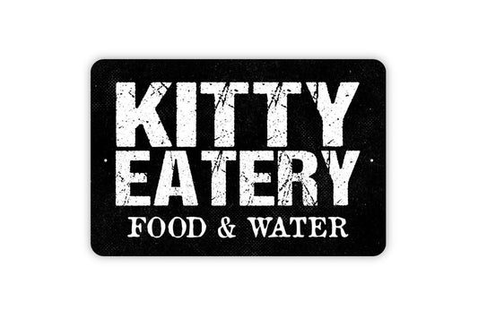 Kitty Eatery Food and Water Sign | Cute Cat Feeding Station Kitchen Décor | Pet Lover Gift Metal Cat Sign or Vinyl Sticker for Cat Owners