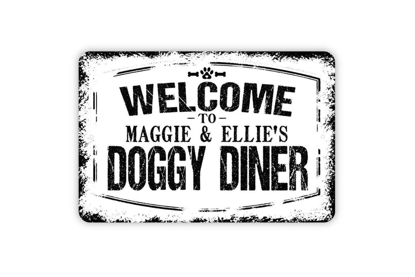 Personalized Welcome To Doggy Diner - Custom Pet Name Dog Food Water Bowl Metal Wall Art Indoor Or Outdoor