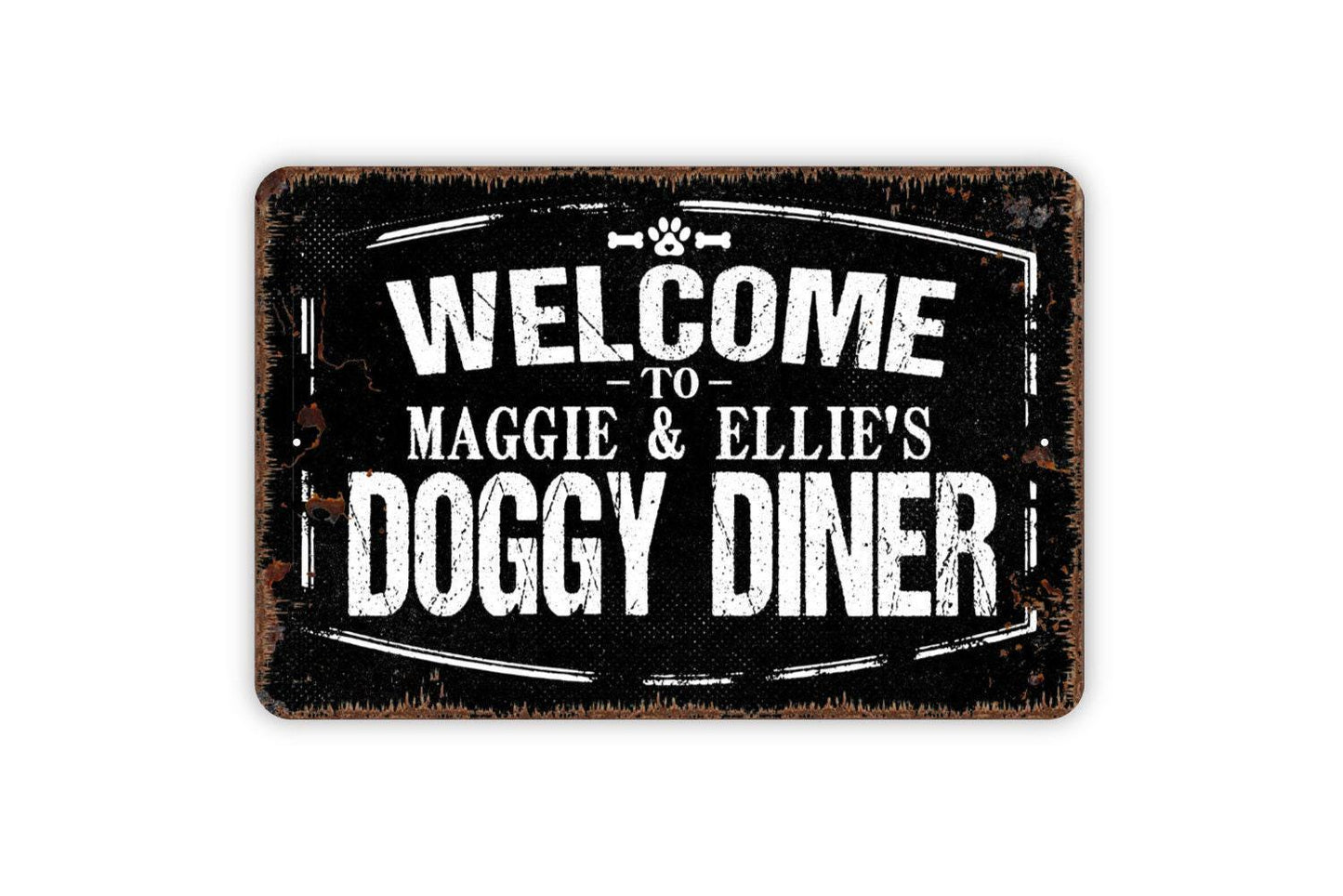 Personalized Welcome To Doggy Diner - Custom Pet Name Dog Food Water Bowl Metal Wall Art Indoor Or Outdoor