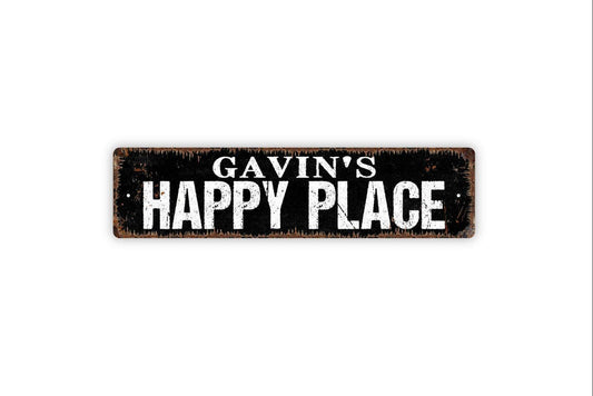 Personalized Happy Place Sign | Custom Family Name Wall Decor | Rustic Farmhouse Cabin Lake House Bar Sign | Metal Sign or Vinyl Sticker