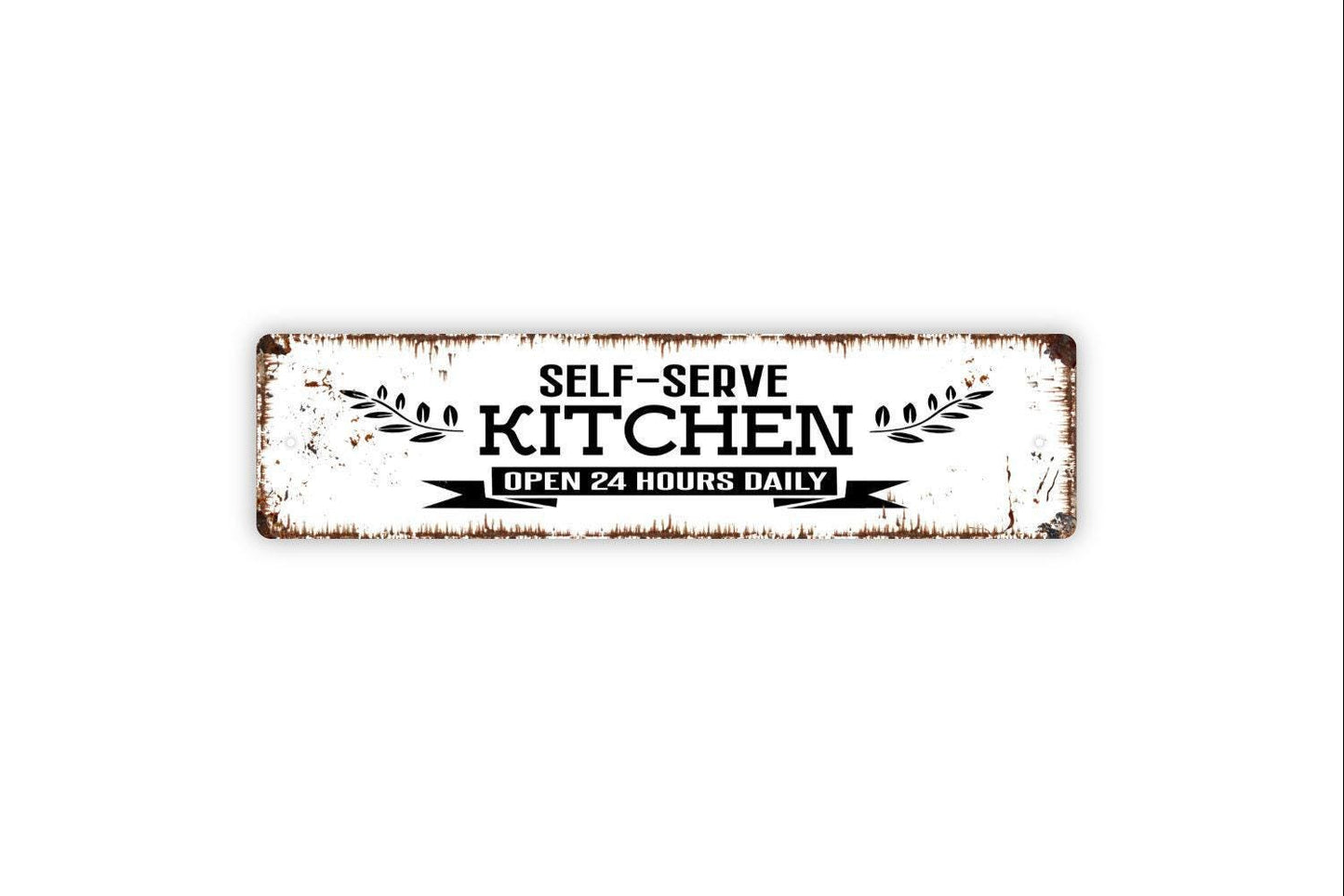 Self Serve Kitchen Open 24 Hours Sign – Funny Farmhouse Wall Decor – Bed and Breakfast Guest Room Dining Sign – Metal Sign or Sticker