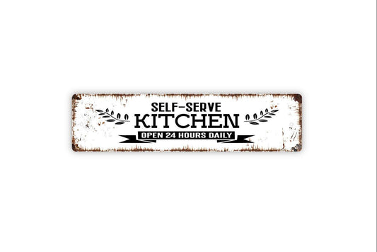 Self Serve Kitchen Open 24 Hours Sign – Funny Farmhouse Wall Decor – Bed and Breakfast Guest Room Dining Sign – Metal Sign or Sticker