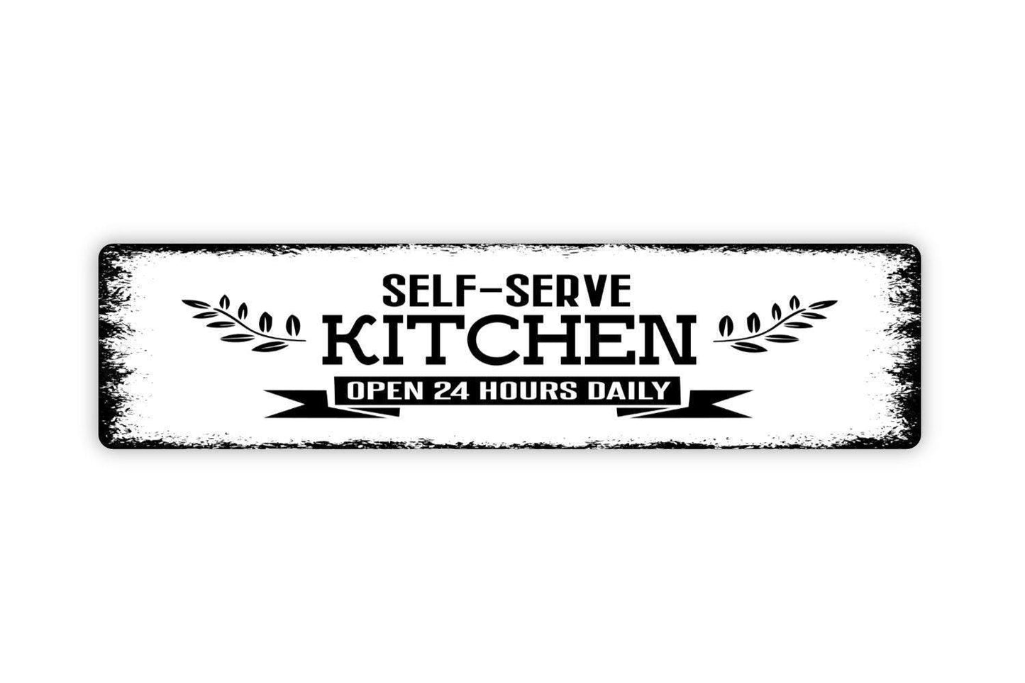 Self Serve Kitchen Open 24 Hours Sign – Funny Farmhouse Wall Decor – Bed and Breakfast Guest Room Dining Sign – Metal Sign or Sticker