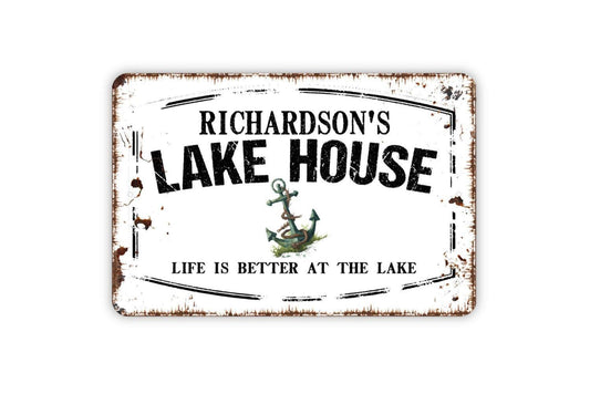 Personalized Lake House Sign | Custom Rustic Farmhouse Wall Sign for Cabin, Dock, or Vacation Home | Metal Sign or Vinyl Sticker Lake Décor