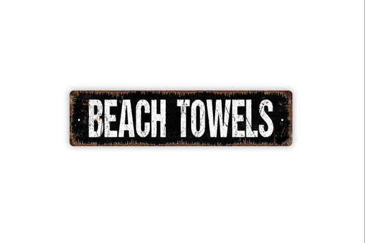 Beach Towels Sign - Swim Sand Surf Ocean Beach House Guest Towels Vinyl Sticker Or  Street Metal Sign or Door Name Plate Plaque