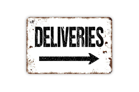 Deliveries With Arrow Sign | Directional Delivery Driver Decor | Business Warehouse Package Drop Off Notice | Metal Sign or Vinyl Sticker