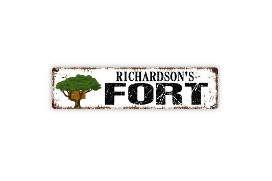 Personalized Fort With Tree Sign – Custom Kids Playhouse Sign – Outdoor Tree Fort Yard Decor – Children’s Playroom Metal Sign or Sticker