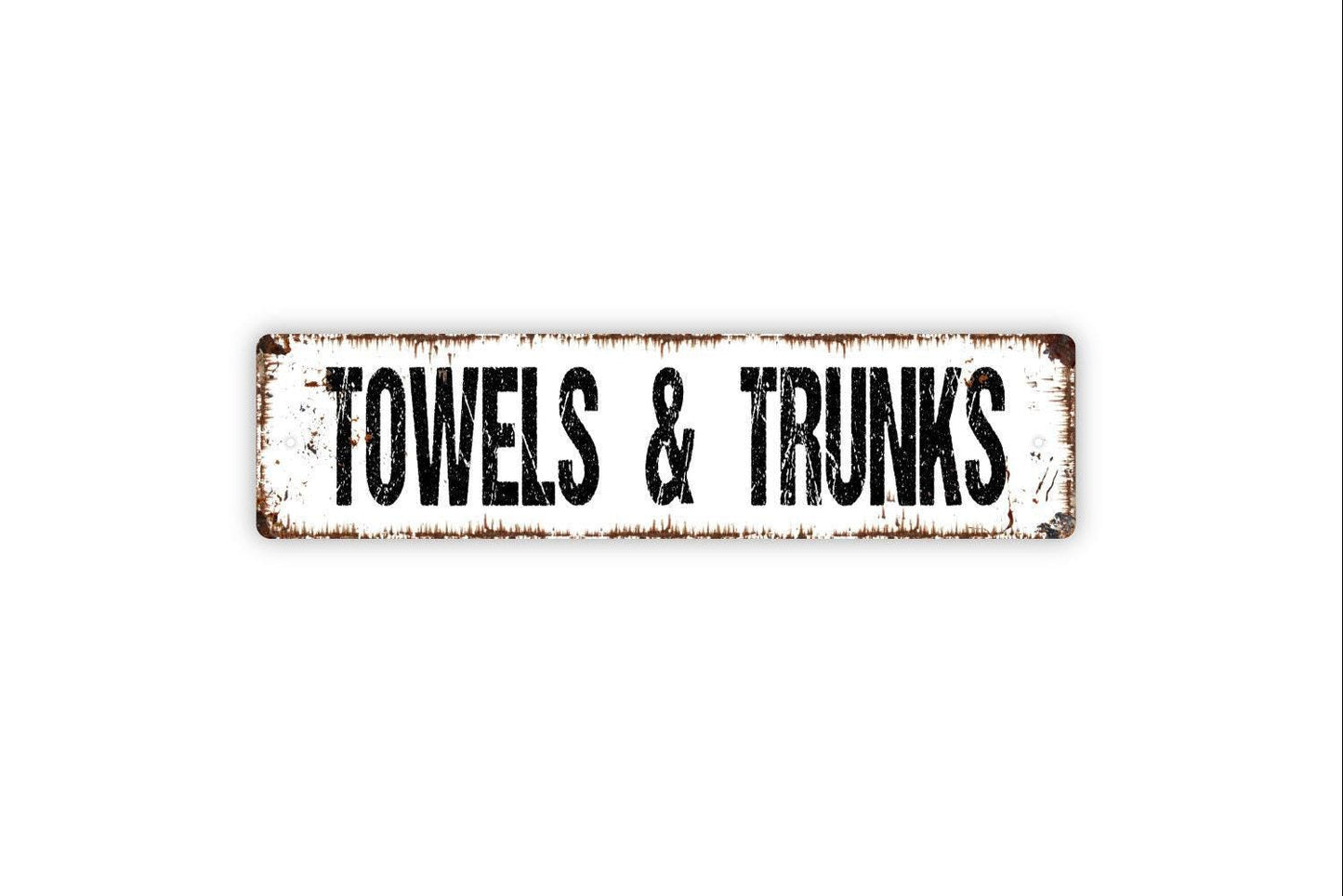 Towels and Trunks Sign - Swimming Pool Bath Beach Shower House Guest Bathroom Vinyl Sticker Or  Street Metal Sign or Door Name Plate Plaque