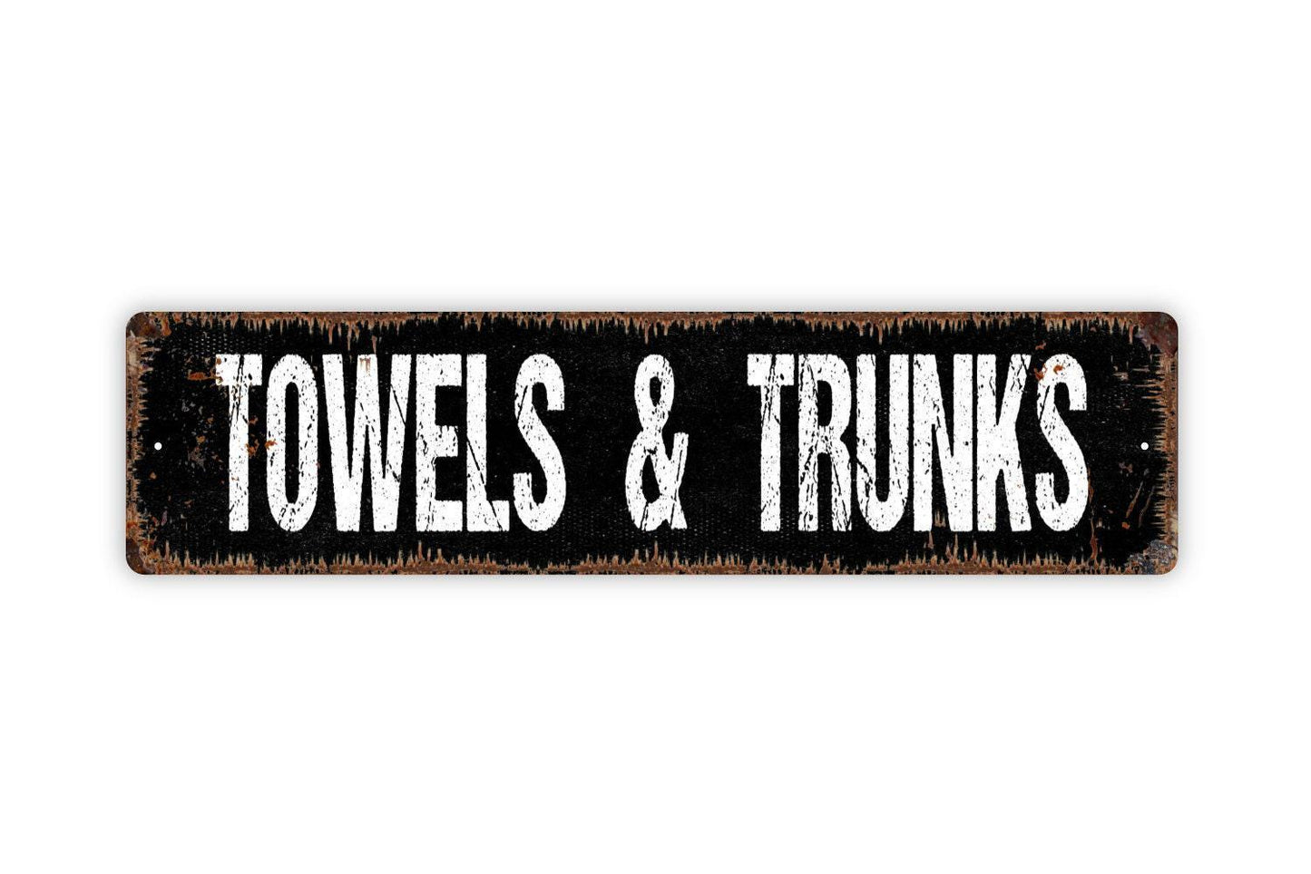 Towels and Trunks Sign - Swimming Pool Bath Beach Shower House Guest Bathroom Vinyl Sticker Or  Street Metal Sign or Door Name Plate Plaque