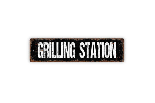 Grilling Station Sign | BBQ Outdoor Cooking Sign | Metal Sign or Vinyl Sticker for Patio Backyard Kitchen Deck Barbecue Area