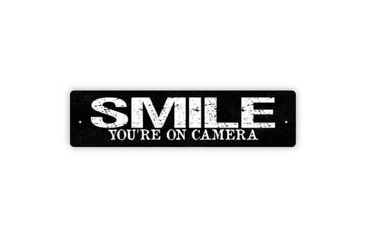 Smile You’re On Camera Sign | Security Warning Metal Sign or Vinyl Sticker | Home, Business, Fence, or Property Surveillance Decor