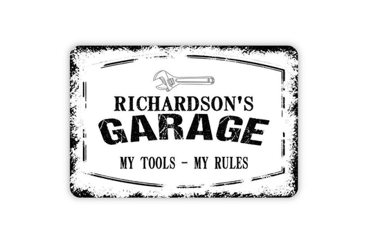 Personalized Garage Sign My Tools My Rules | Custom Rustic Workshop or Man Cave Wall Sign | Metal Sign or Vinyl Sticker Shop Décor Gift