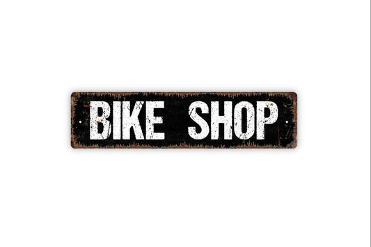 Bike Shop Sign - Bicyclist Bicycle Crossing Motorbike Motorcycle Garage Vinyl Sticker Or  Street Metal Sign or Door Name Plate Plaque