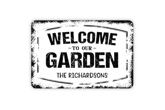 Personalized Welcome To Our Garden Sign | Custom Outdoor Yard, Patio, or Greenhouse Wall Sign | Metal Garden Sign or Vinyl Sticker Décor