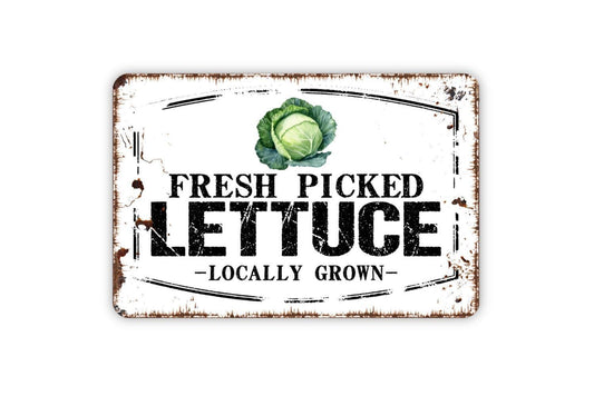 Fresh Picked Lettuce Locally Grown Sign – Farmers Market Wall Decor – Rustic Farmhouse Kitchen or Garden Sign – Metal Sign or Vinyl Sticker
