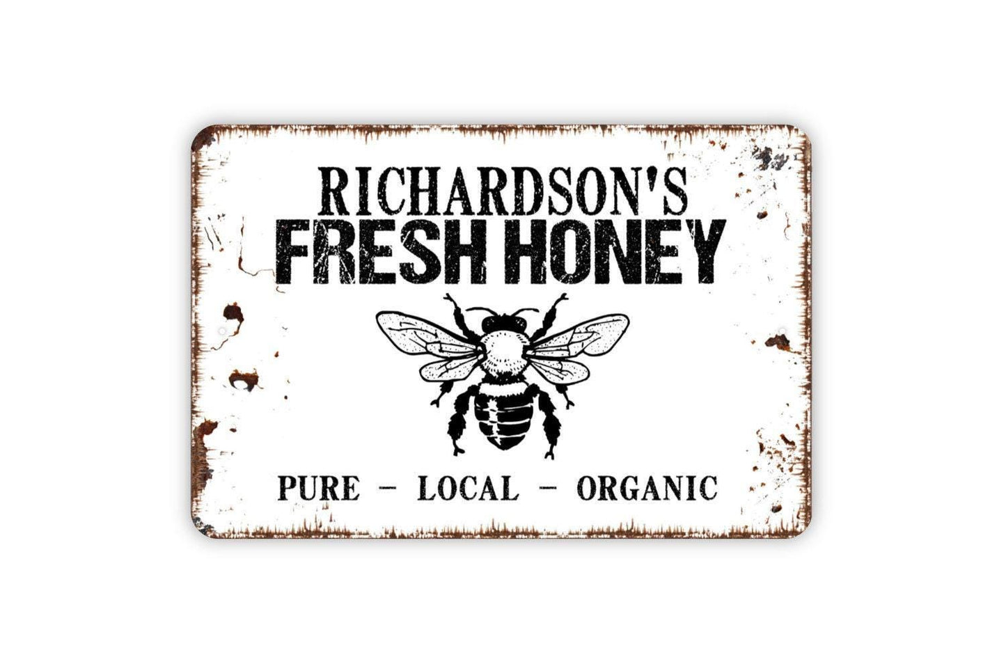 Personalized Fresh Honey Bee Sign – Custom Farmhouse Kitchen Wall Decor – Rustic Beekeeping Apiary Market Stand Sign – Metal Sign or Sticker