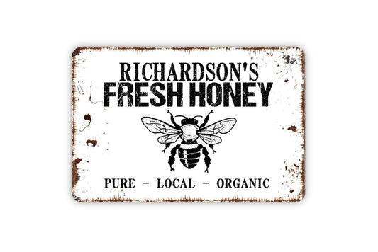 Personalized Fresh Honey Bee Sign – Custom Farmhouse Kitchen Wall Decor – Rustic Beekeeping Apiary Market Stand Sign – Metal Sign or Sticker