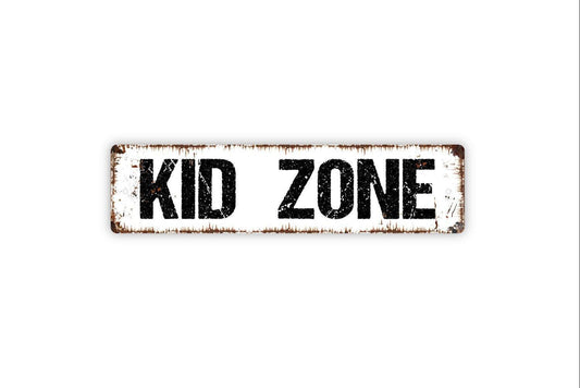 Kid Zone Sign | Playroom or Bedroom Wall Sign for Kids | Fun Rustic Style Metal Sign or Vinyl Sticker for Daycare, Yard, or Classroom