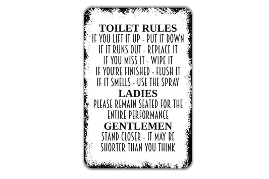 Toilet Rules Sign | Funny Bathroom Wall Decor | Metal Sign or Vinyl Sticker for Restroom, Powder Room, or Home Toilet Humor