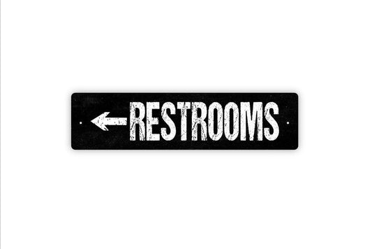 Restrooms With Arrow Sign - Vinyl Sticker Or  Metal Street Sign or Door Name Plate Plaque