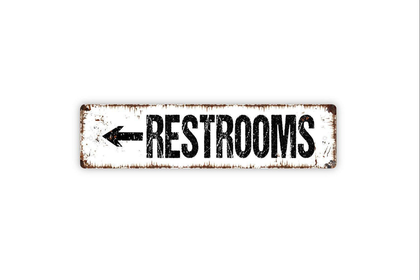 Restrooms With Arrow Sign - Vinyl Sticker Or  Metal Street Sign or Door Name Plate Plaque