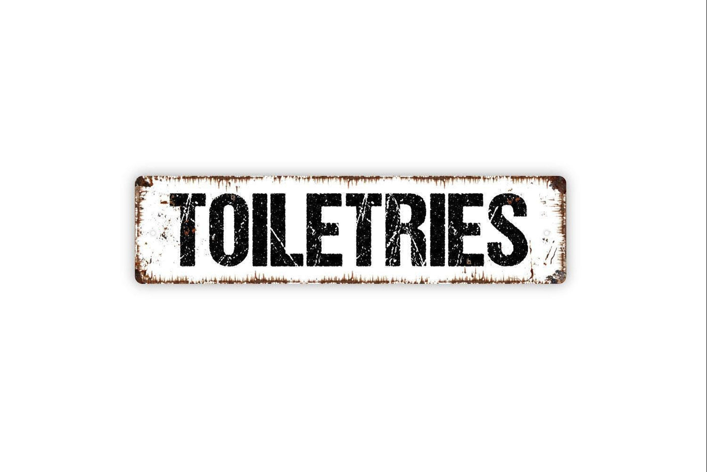 Toiletries Sign | Bathroom Organization Wall Decor | Metal Sign or Vinyl Sticker for Guest Bath, Powder Room, or Home