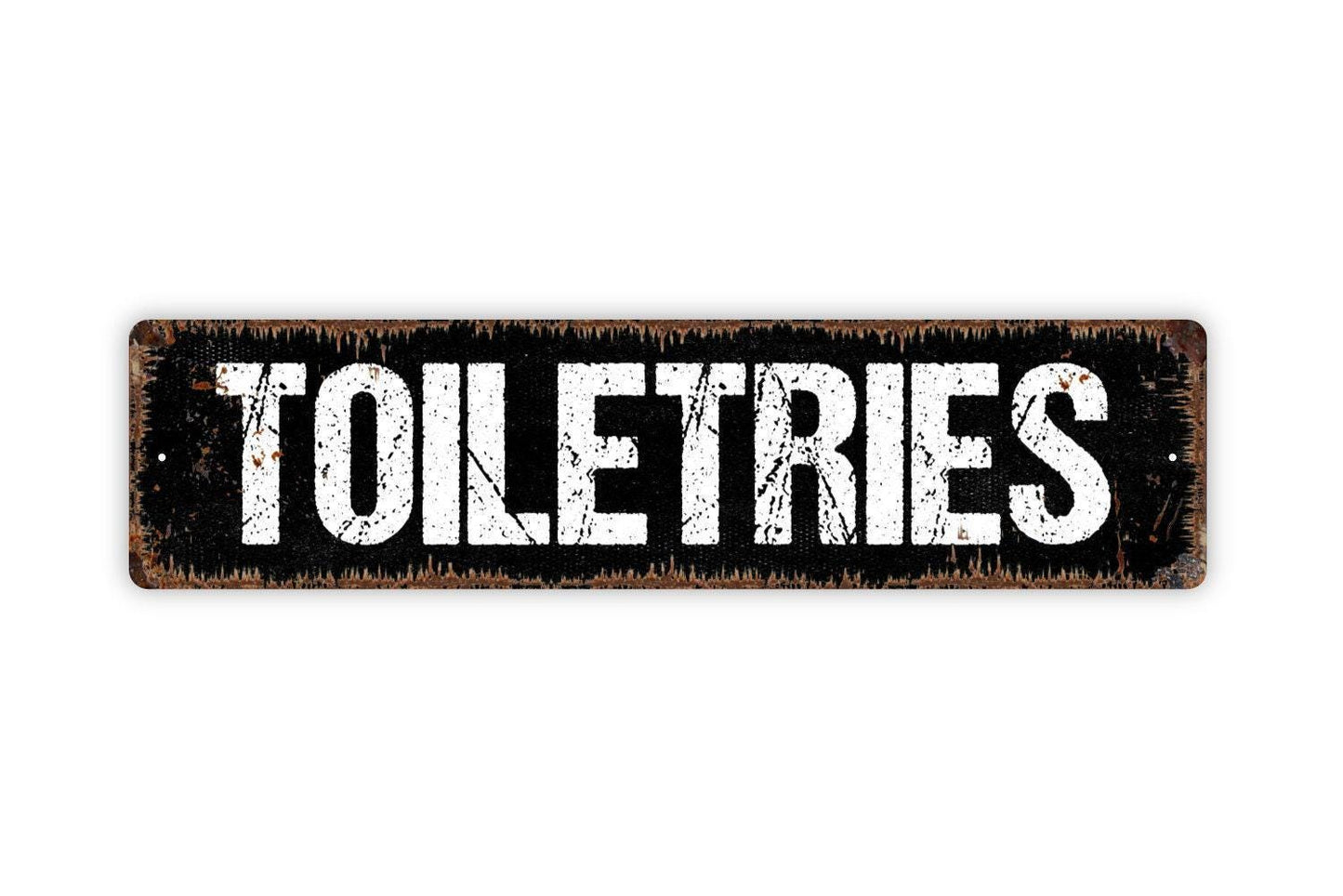 Toiletries Sign | Bathroom Organization Wall Decor | Metal Sign or Vinyl Sticker for Guest Bath, Powder Room, or Home