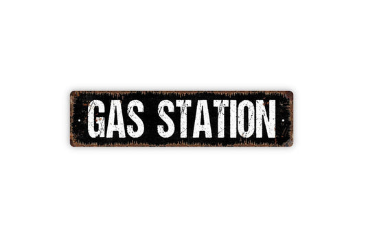 Gas Station Sign | Rustic Vintage Garage or Man Cave Wall Sign for Workshop, Bar, or Shed | Retro Metal Sign or Vinyl Sticker Décor