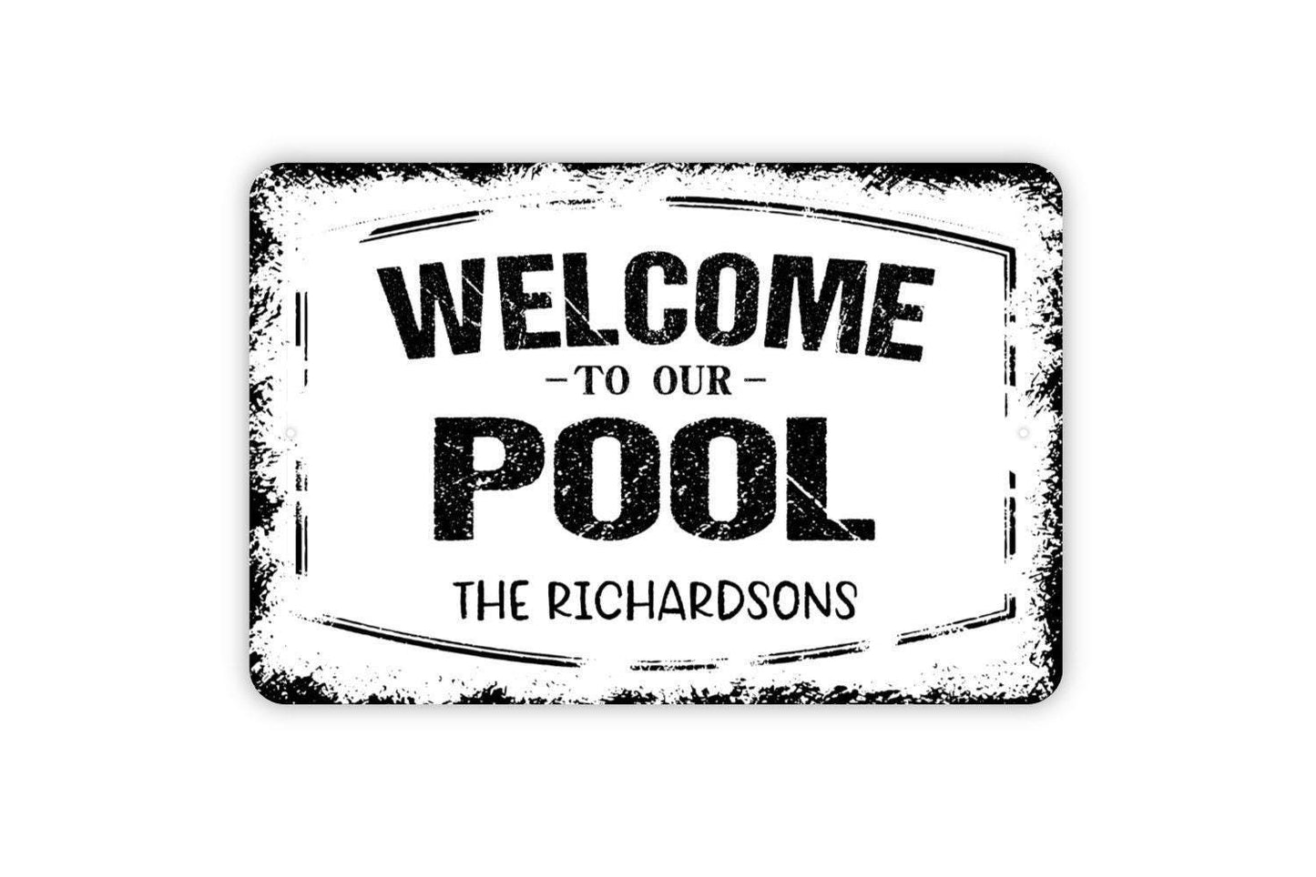 Personalized Welcome To Our Pool Sign – Custom Family Name Plaque – Backyard Patio Deck Poolside Wall Decor – Metal Sign or Sticker