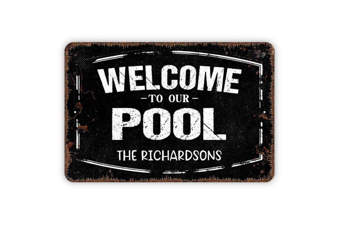 Personalized Welcome To Our Pool Sign – Custom Family Name Plaque – Backyard Patio Deck Poolside Wall Decor – Metal Sign or Sticker