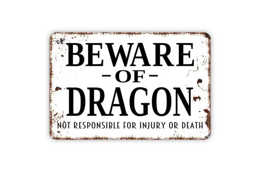 Beware Of Dragon Sign – Funny Fantasy Wall Decor – Rustic Medieval Dungeon Castle Game Room Sign – Metal Sign or Sticker