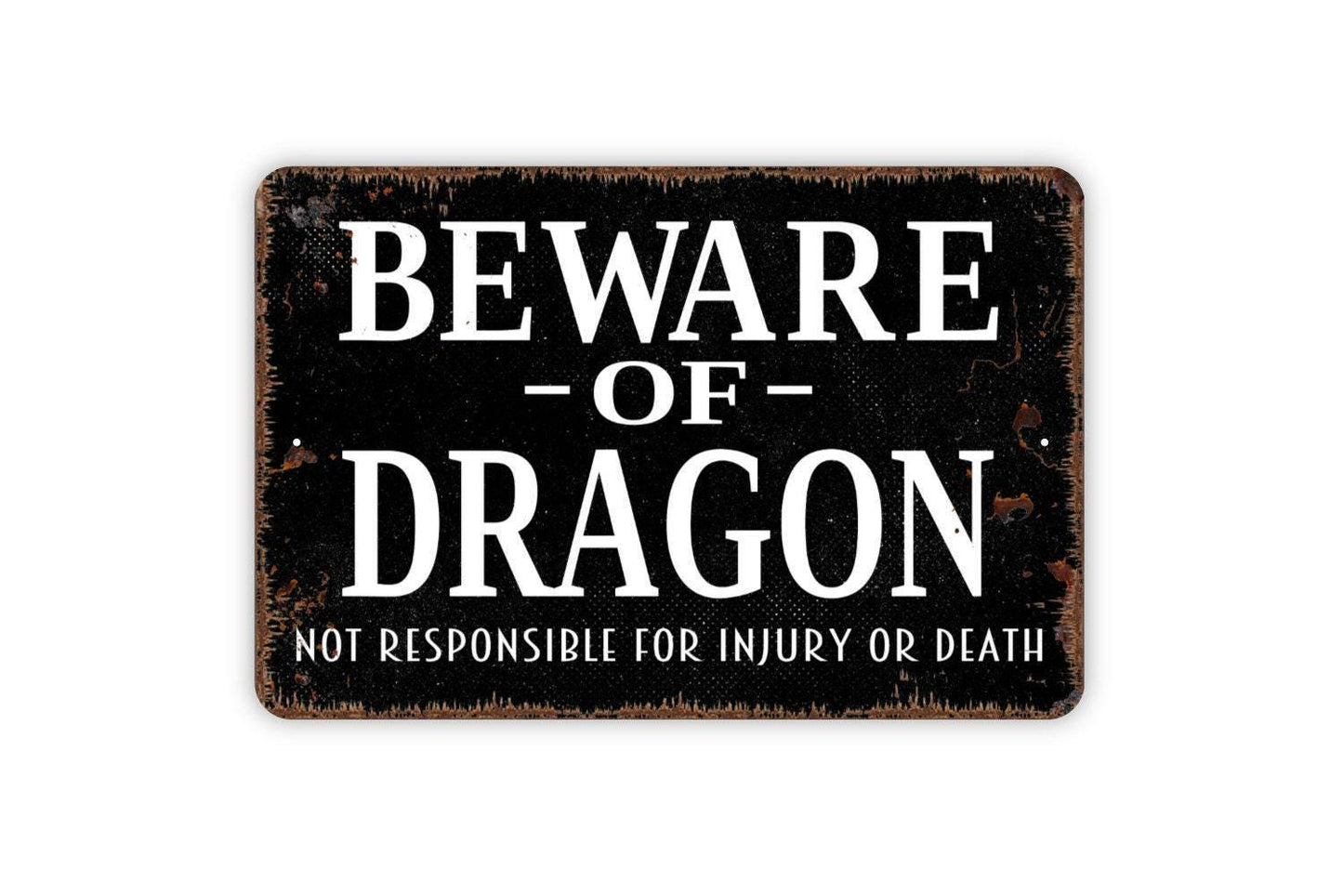 Beware Of Dragon Sign – Funny Fantasy Wall Decor – Rustic Medieval Dungeon Castle Game Room Sign – Metal Sign or Sticker