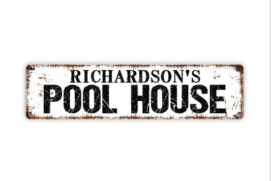 Personalized Pool House Sign – Custom Name Poolside Patio Deck Wall Decor – Funny Family Swimming Pool House Sign – Metal Sign or Sticker