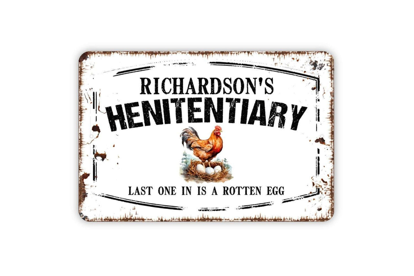 Personalized Henitentiary Sign - Custom Your Name Hen House Chicken Coop Last One In Is A Rotten Egg Metal Wall Art Indoor Or Outdoor