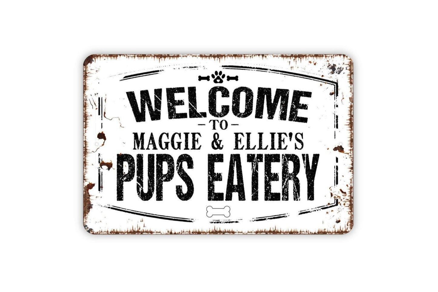 Personalized Welcome To Pup's Eatery - Custom Pet Name Dog Food Water Bowl Metal Wall Art Indoor Or Outdoor