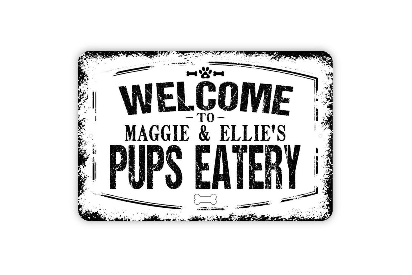 Personalized Welcome To Pup's Eatery - Custom Pet Name Dog Food Water Bowl Metal Wall Art Indoor Or Outdoor