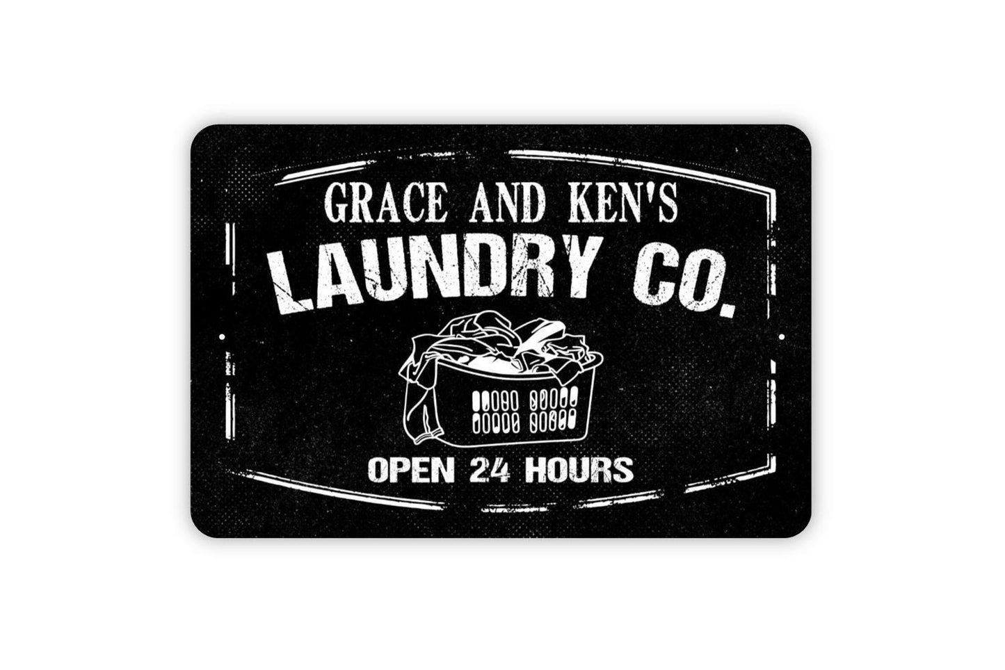 Personalized Laundry Company Sign Open 24 Hours | Custom Rustic Farmhouse Laundry Room Wall Sign | Metal Sign or Vinyl Sticker Home Décor
