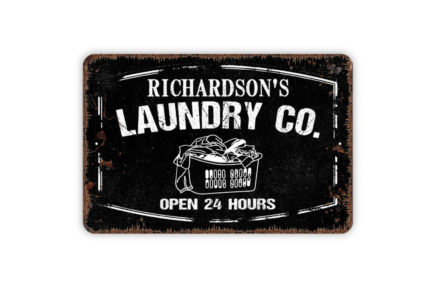 Personalized Laundry Company Sign Open 24 Hours | Custom Rustic Farmhouse Laundry Room Wall Sign | Metal Sign or Vinyl Sticker Home Décor