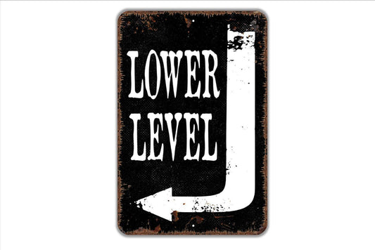 Lower Level Sign with Right or Left Arrow – Basement Downstairs Directional Wall Decor – Business Home Property Notice Metal Sign or Sticker
